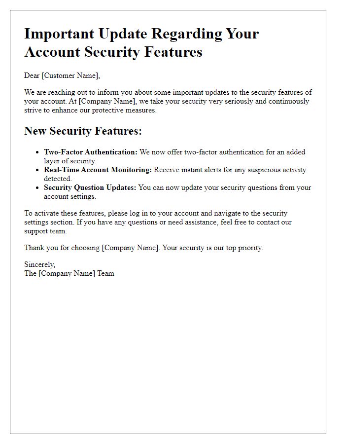 Letter template of Update Regarding Your Account Security Features