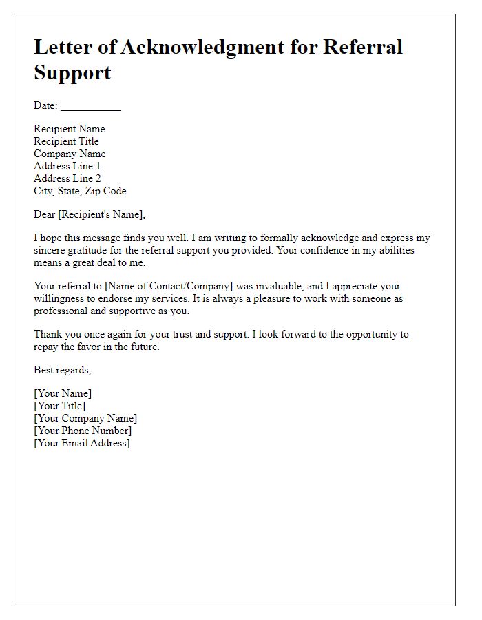 Letter template of acknowledgment for your referral support