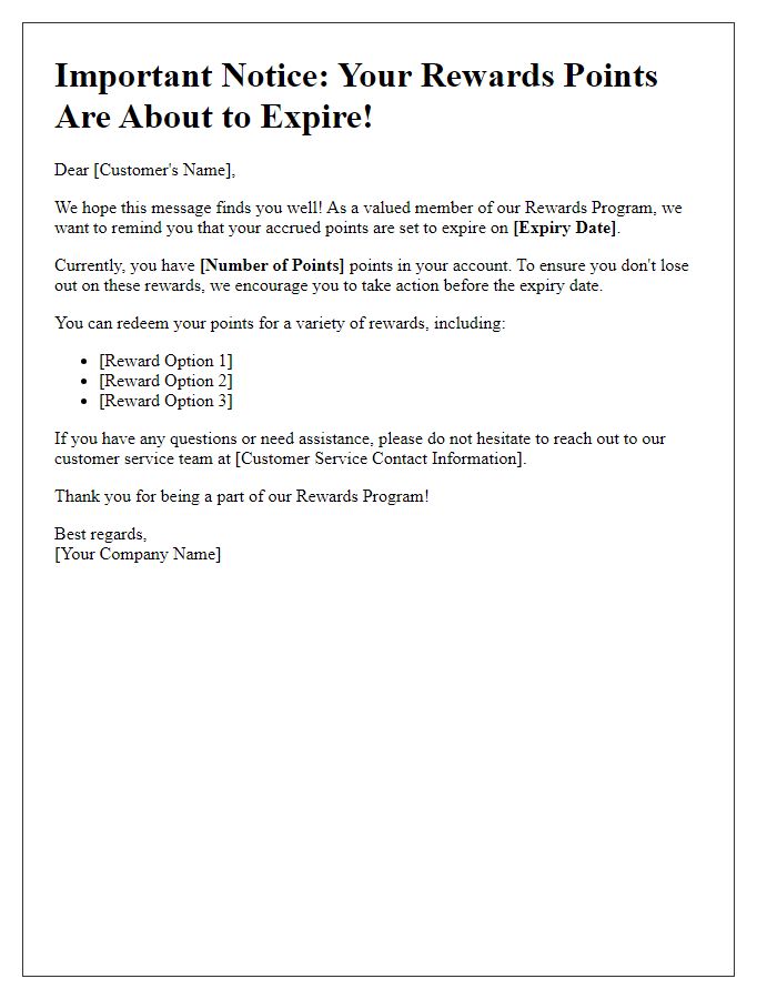 Letter template of rewards program points expiry message