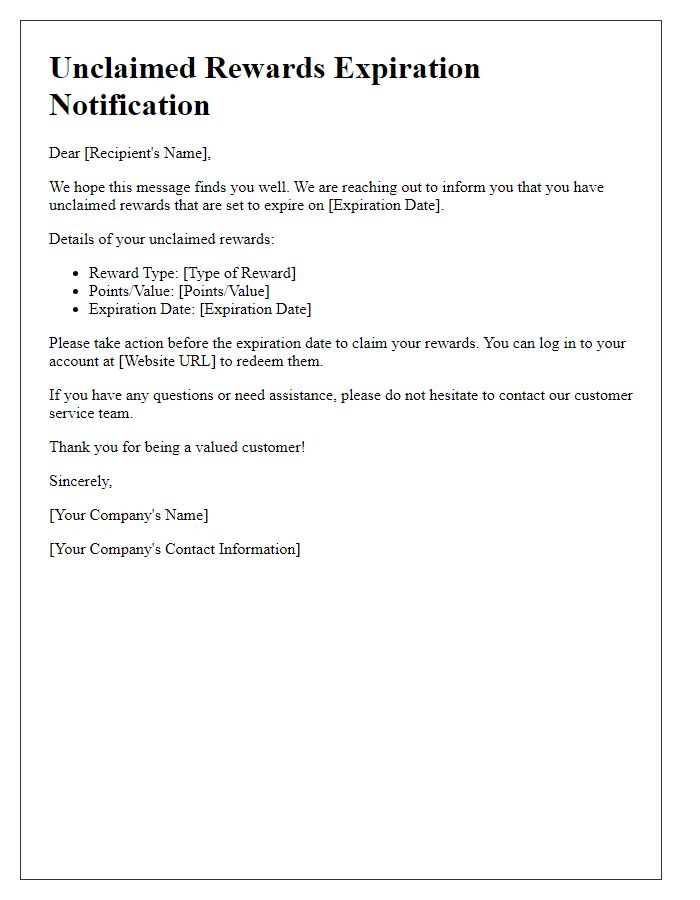 Letter template of unclaimed rewards expiration notification