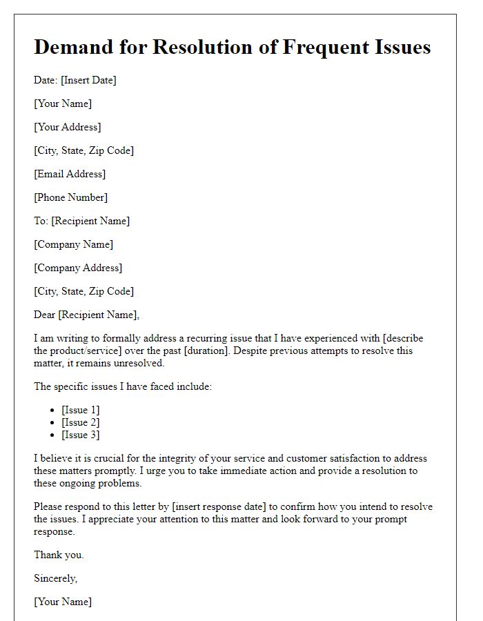 Letter template of demand for resolution of frequent issue