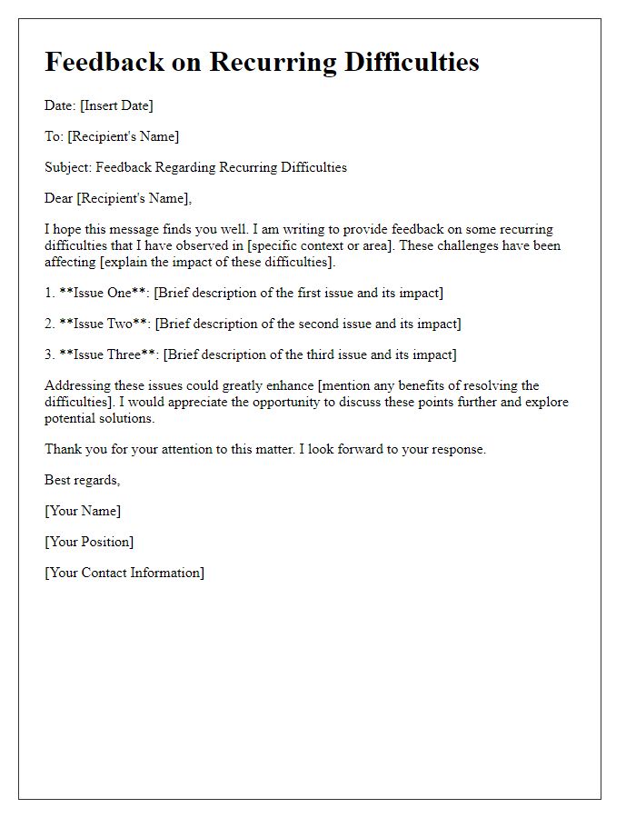 Letter template of feedback on recurring difficulties