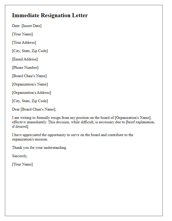 Letter template of immediate resignation from board role