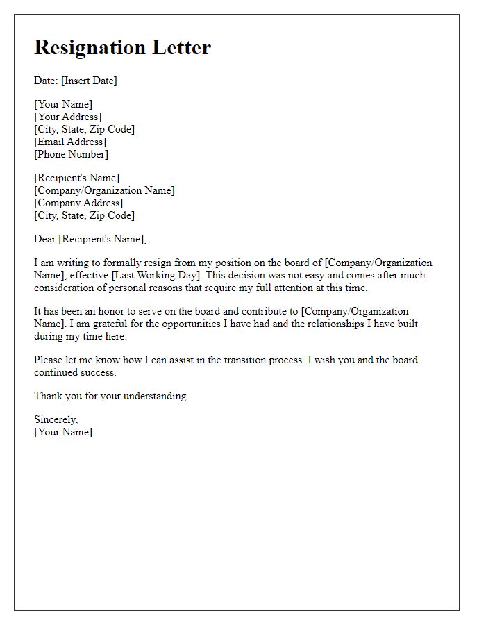 Letter template of resignation due to personal reasons from board