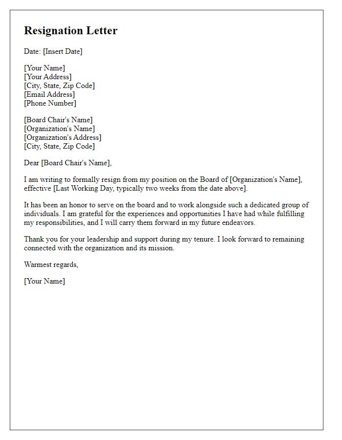 Letter template of resignation from board with gratitude