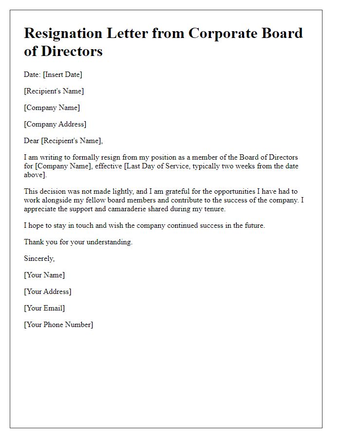 Letter template of resignation from corporate board of directors