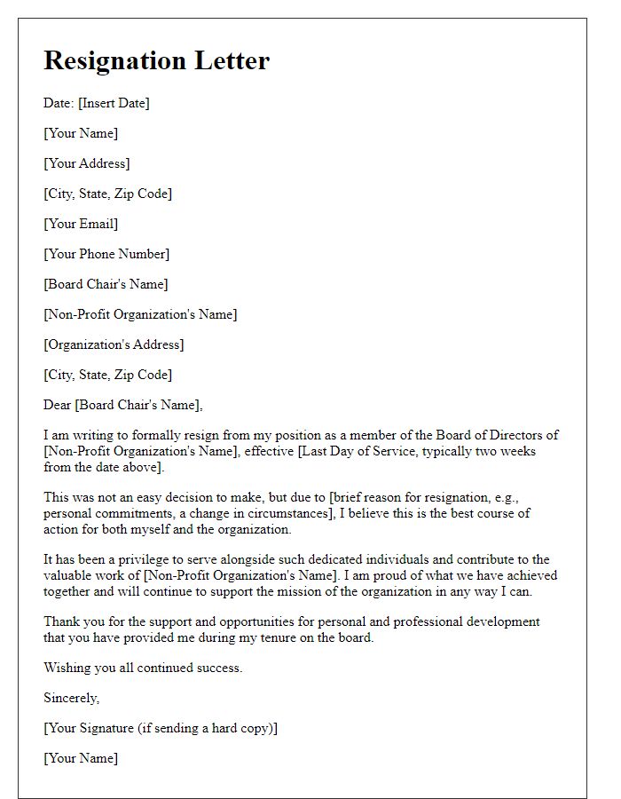 Letter template of resignation from non-profit board of directors