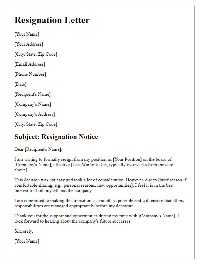 Letter template of resignation with notice period from board