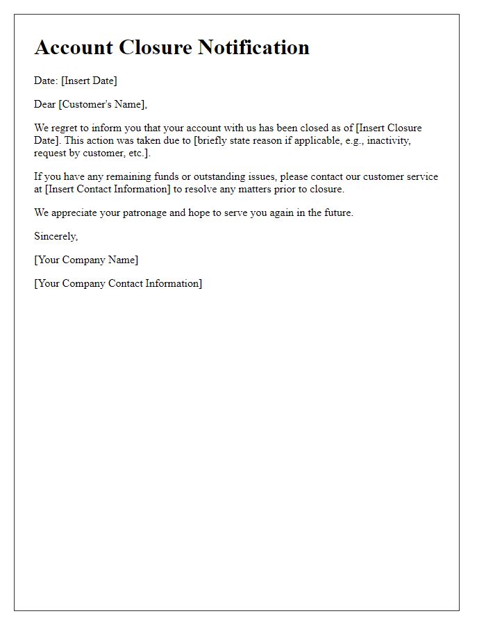 Letter template of notification for closed account