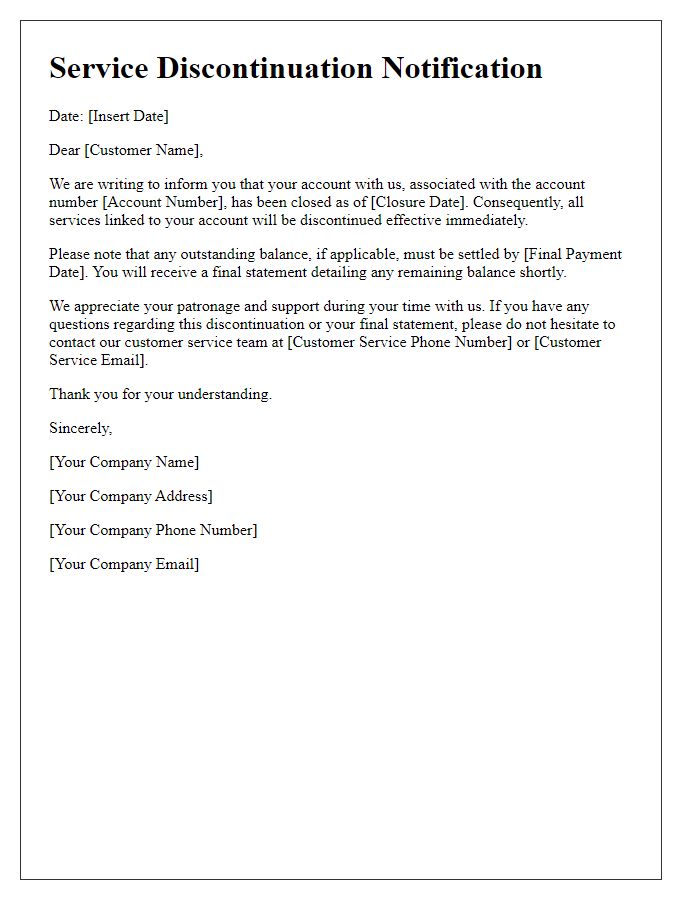 Letter template of service discontinuation for closed account