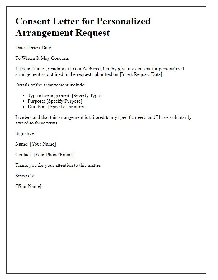 Letter template of consent for personalized arrangement request.