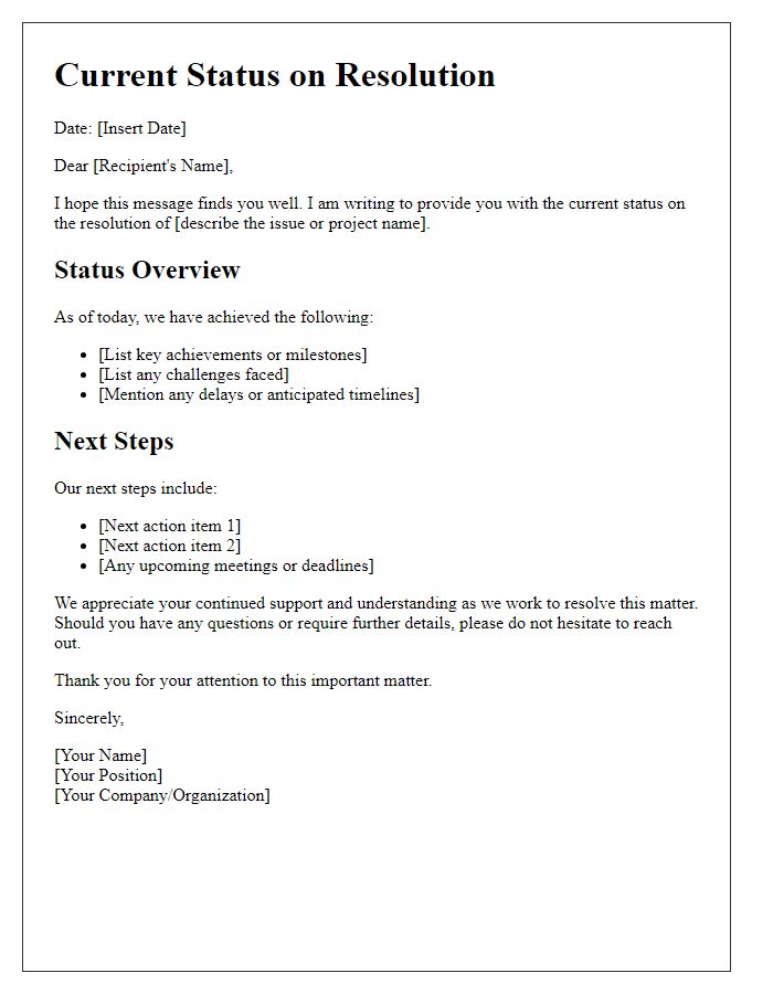 Letter template of current status on resolution