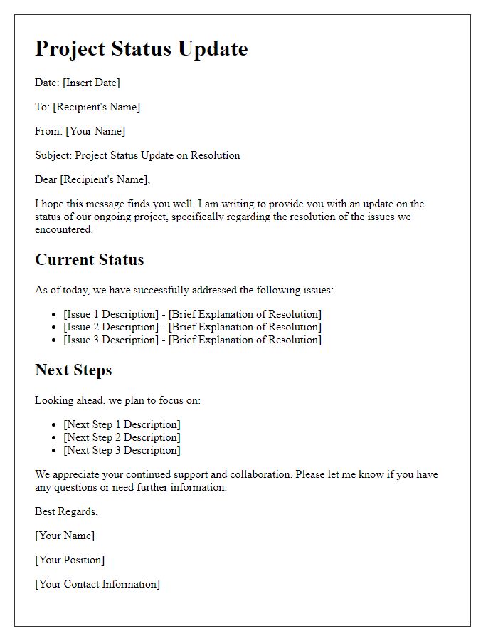 Letter template of project status update on resolution