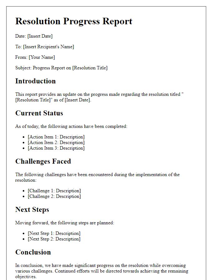 Letter template of resolution progress report