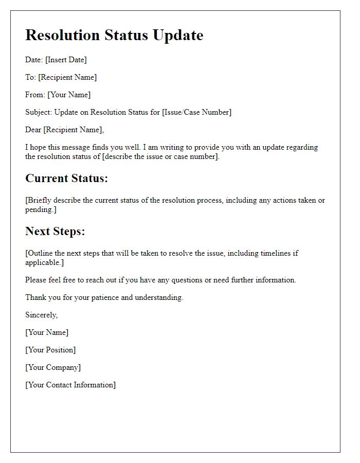 Letter template of resolution status communication