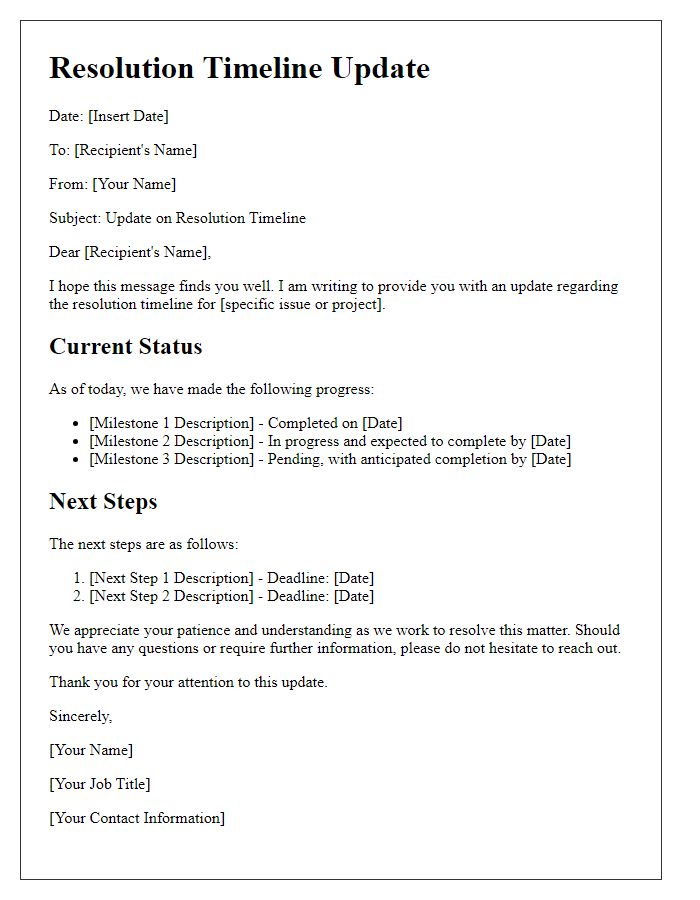 Letter template of resolution timeline update