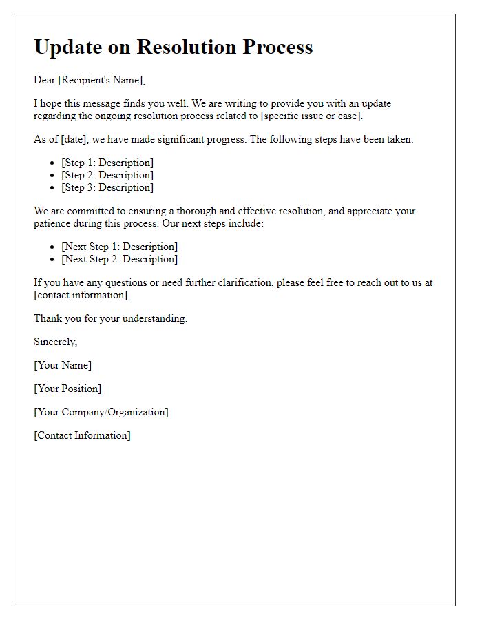 Letter template of update on resolution process