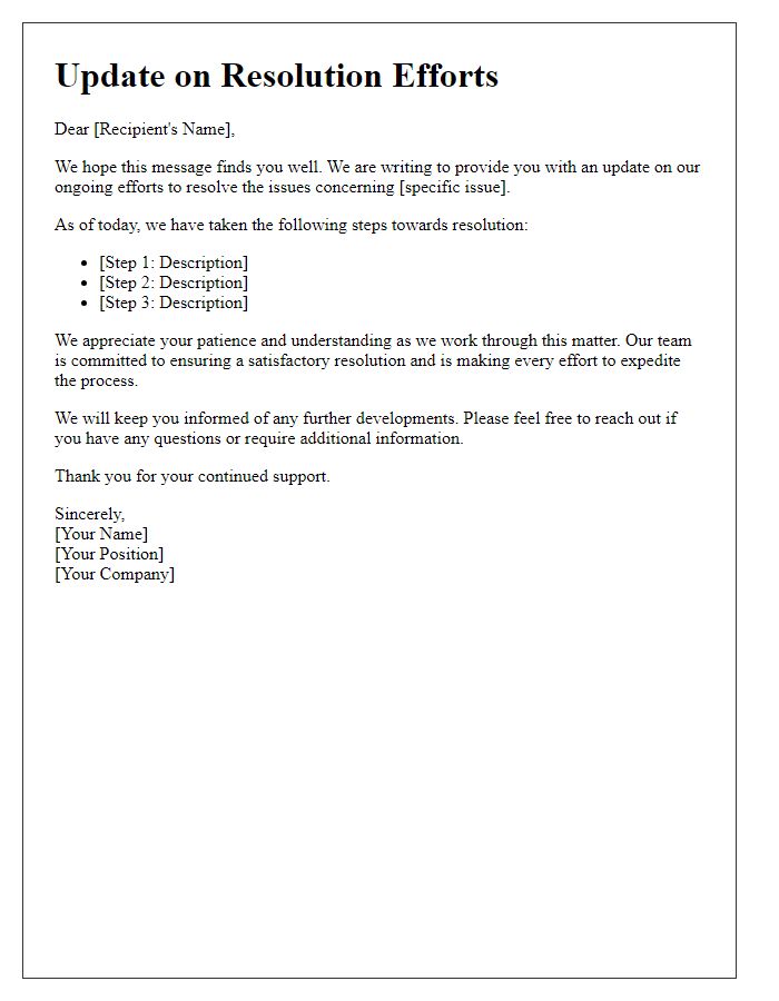 Letter template of update regarding resolution efforts