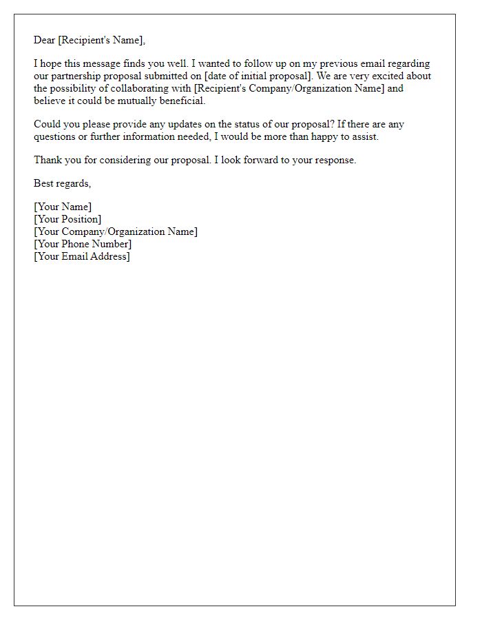 Letter template of inquiry follow-up for a partnership proposal