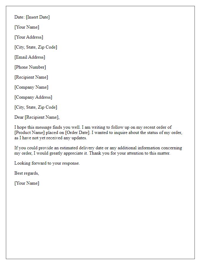 Letter template of inquiry follow-up for a product order