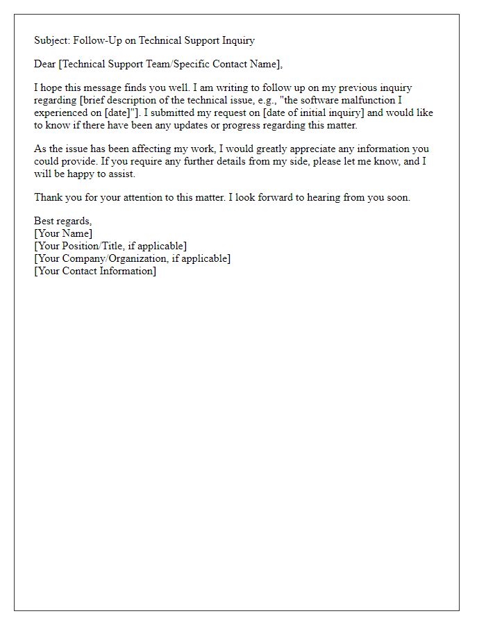 Letter template of inquiry follow-up for a technical support issue