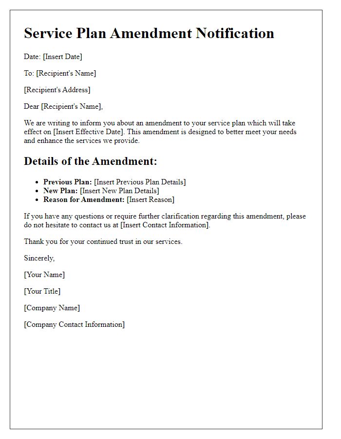 Letter template of service plan amendment communication