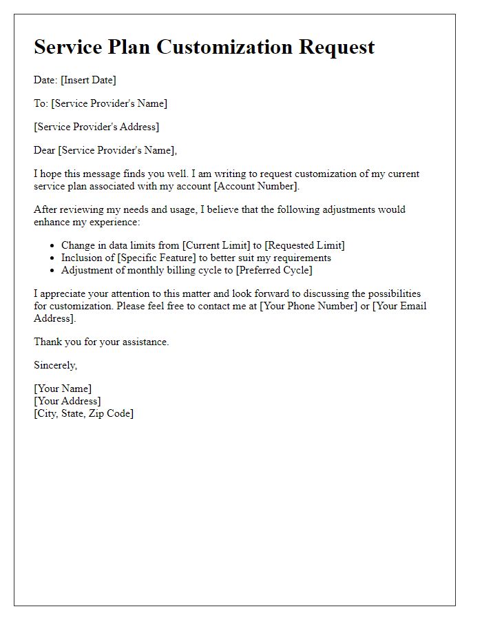 Letter template of service plan customization request