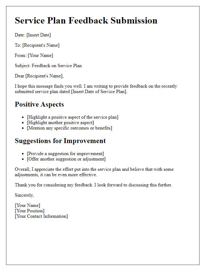 Letter template of service plan feedback submission