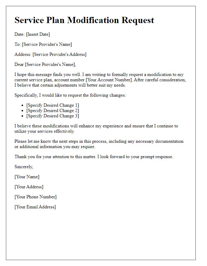Letter template of service plan modification request