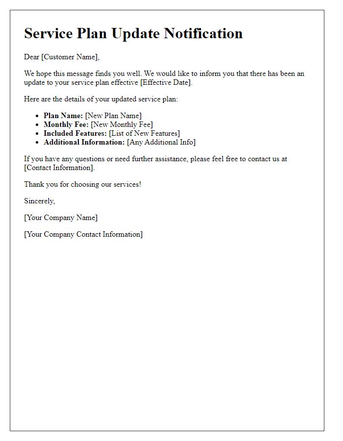 Letter template of service plan update notification