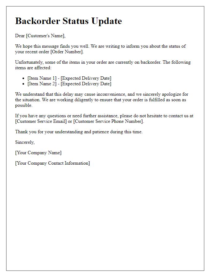 Letter template of backorder status communication