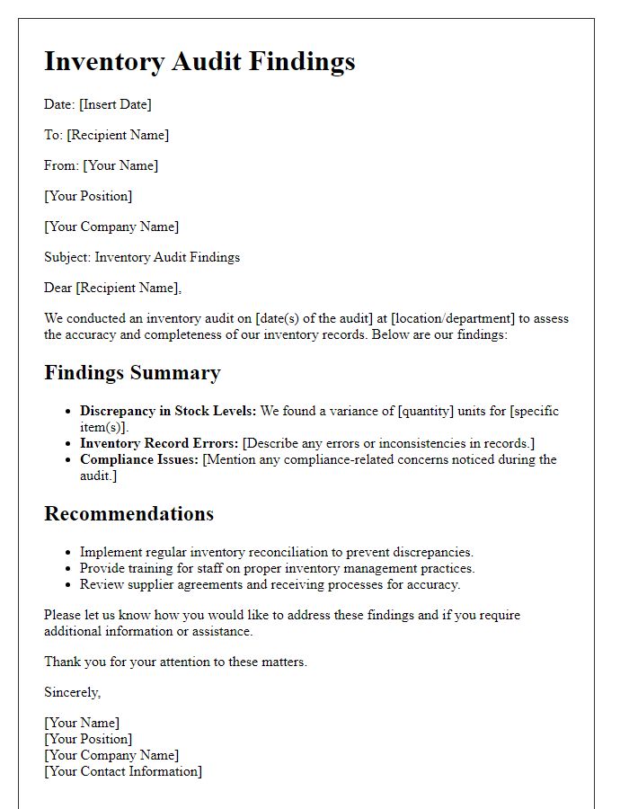 Letter template of inventory audit findings