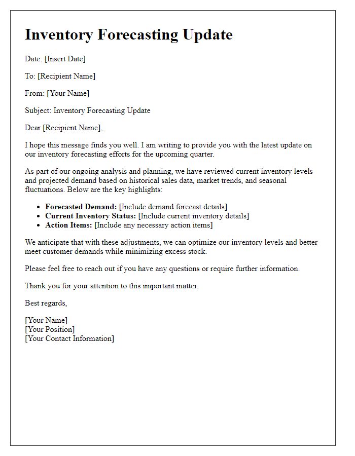 Letter template of inventory forecasting update
