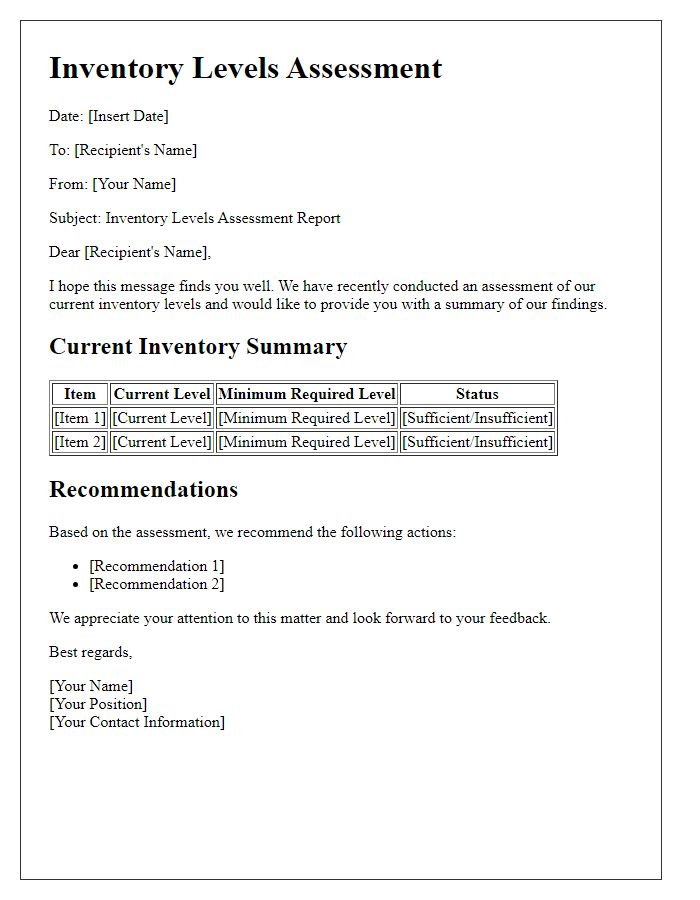 Letter template of inventory levels assessment