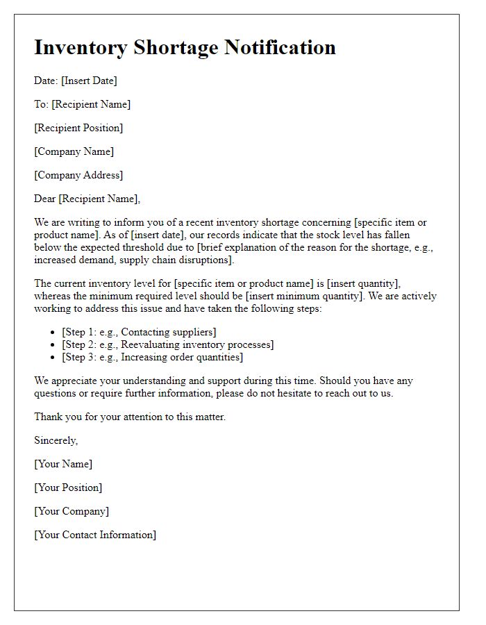 Letter template of inventory shortage notification