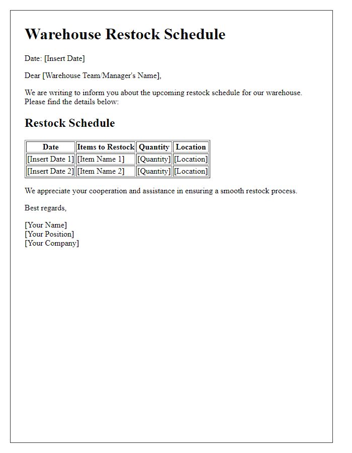 Letter template of warehouse restock schedule