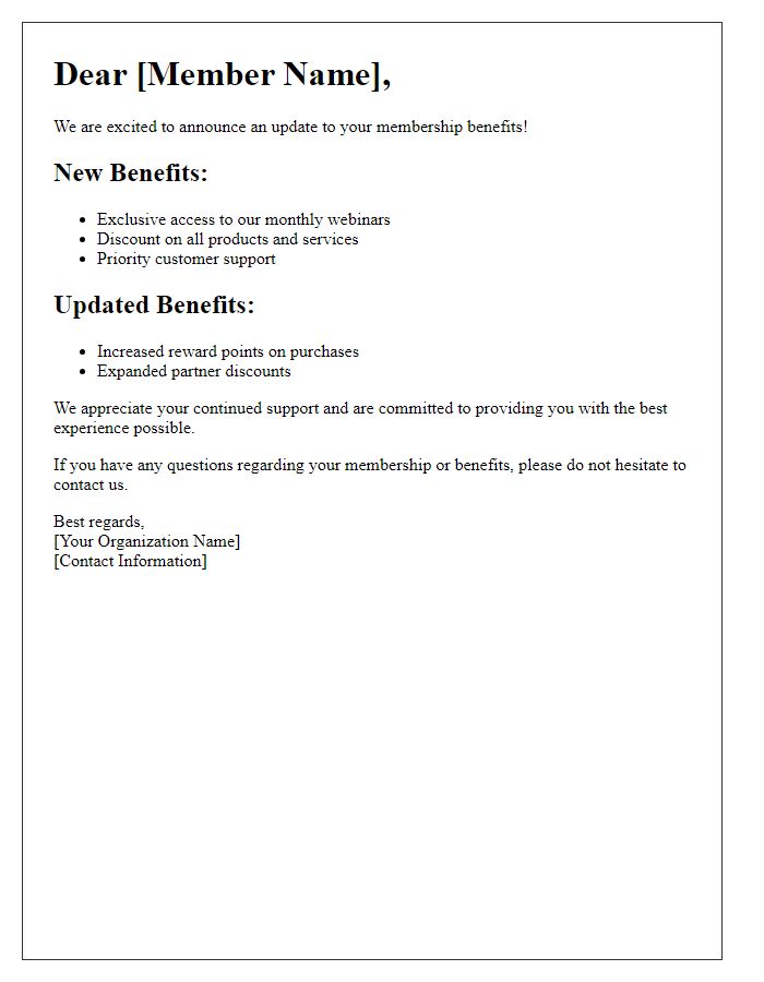 Letter template of membership benefits update