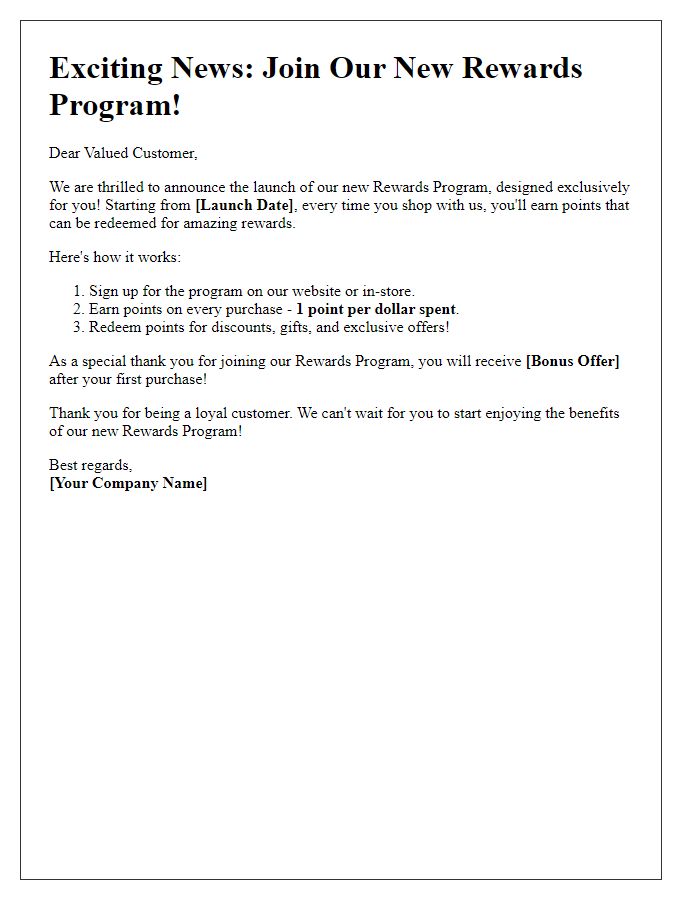 Letter template of rewards program launch