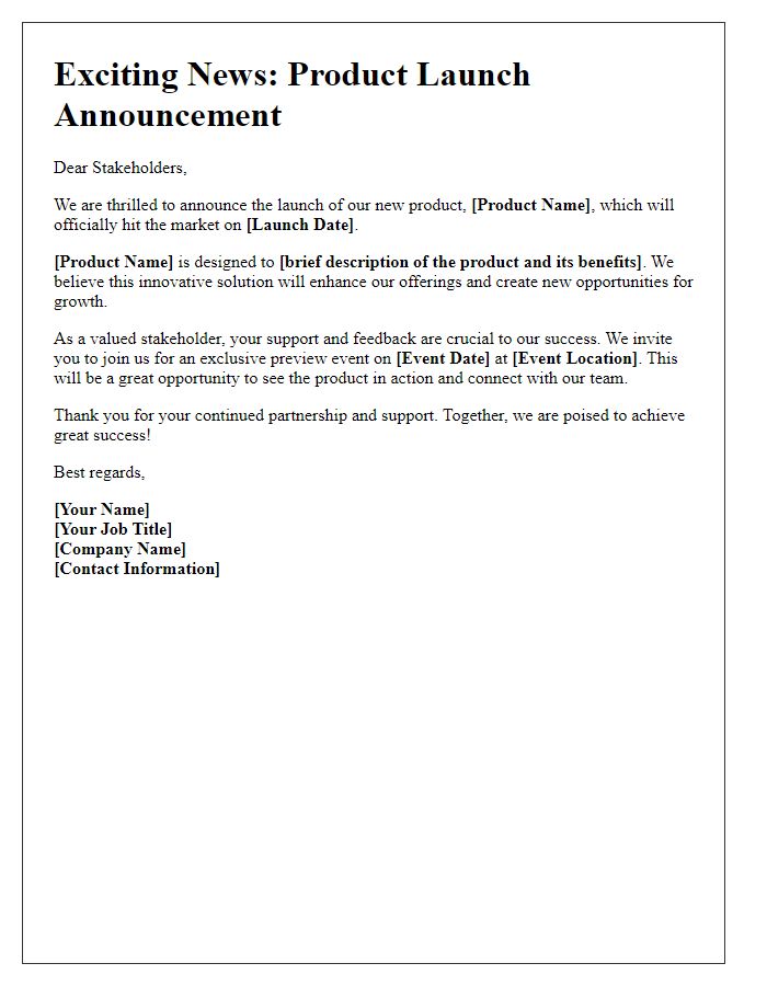 Letter template of product launch announcement for stakeholders