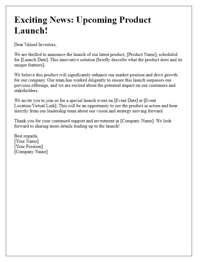 Letter template of product launch news for investors