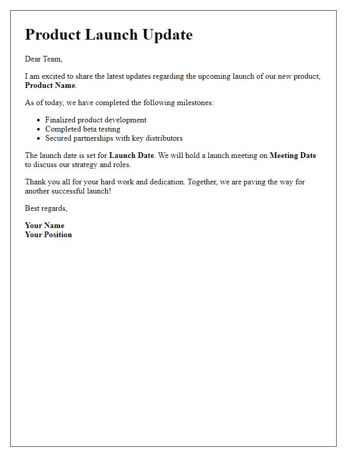 Letter template of product launch update for team members