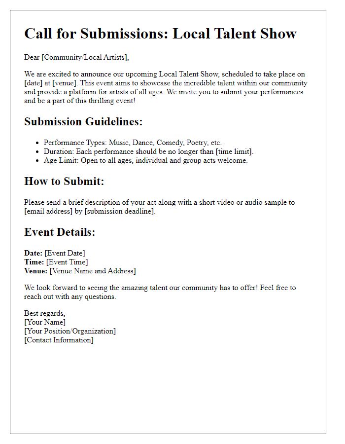 Letter template of call for submissions for local talent show