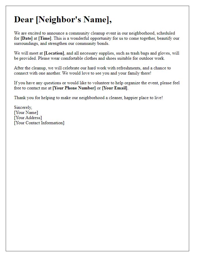 Letter template of outreach for neighborhood cleanup event