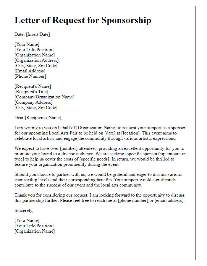 Letter template of request for sponsorship for local arts fair