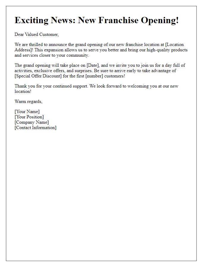 Letter template of customer announcement for new franchise opening