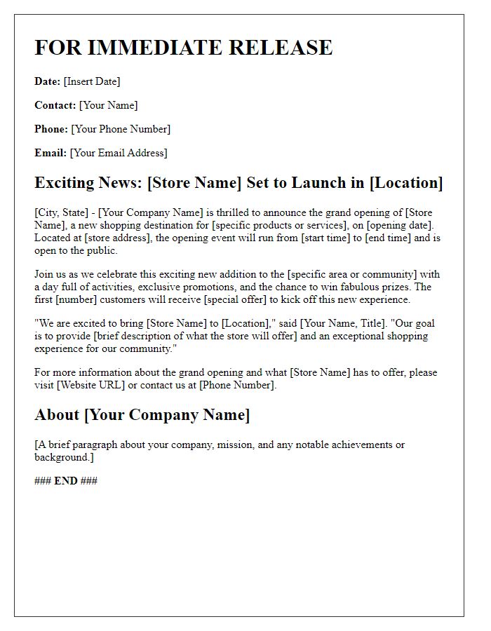 Letter template of press release for upcoming store launch