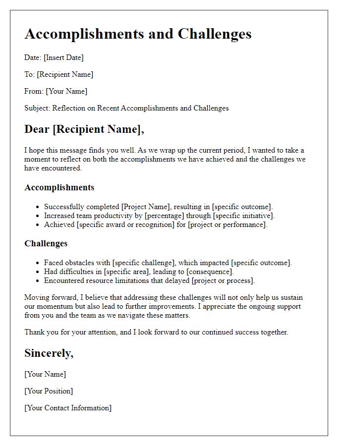 Letter template of accomplishments and challenges