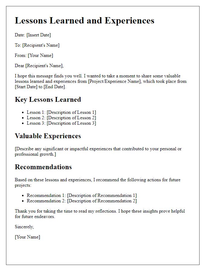 Letter template of lessons learned and experiences