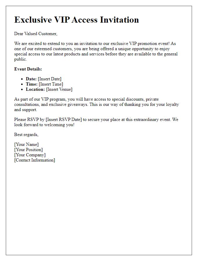 Letter template of VIP access to exclusive promotion