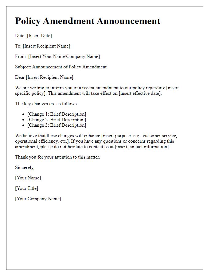 Letter template of policy amendment announcement